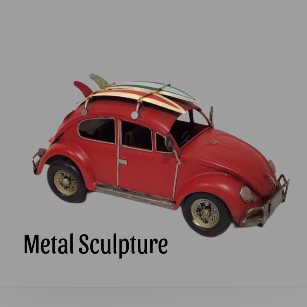 Volkswagen Beetle Love Bug Red Metal Art, 2 Surfboards